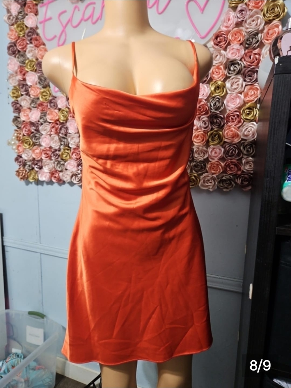City Studio Orange Satin Cowl Neck Mini Dress